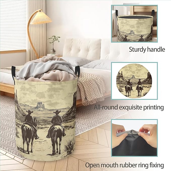 Vintage West Cowboy Round Laundry Basket Collapsible Laundry Hamper with Handles Toys Clothes Organizer Bin For Home Bathroom Bedroom Dorm Nursery