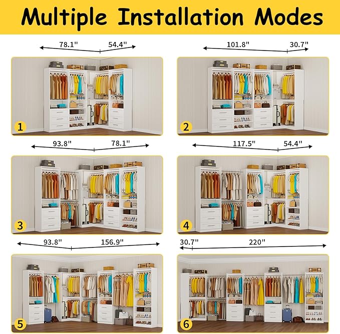 Closet System with 6 Drawers, Corner Closet Organizer System with 9 Rods & Shelves Walk in Wooden Modular Closet Storage System L-Shaped U -Shaped Freestanding 4 Sets, 2500+ Lbs Capacity White