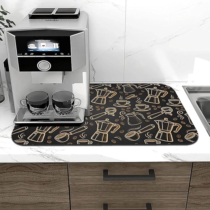Black and Gold Coffee Tool Coffee Drying Mat 12" x 19", Absorbent Waterproof Coffee Station Mat, Protects Countertops from Spills Stains for Coffee Makers and Home Baristas