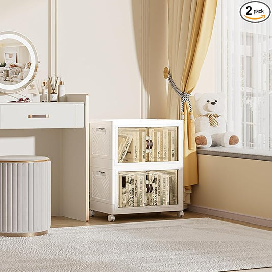100 QT / 25 Gal Rolling Foldable Storage Cabinet with Stackable Feature - Double Magnetic Doors, Leather Handles, Durable Plastic for Closet/Office, Easy Assembly & Move