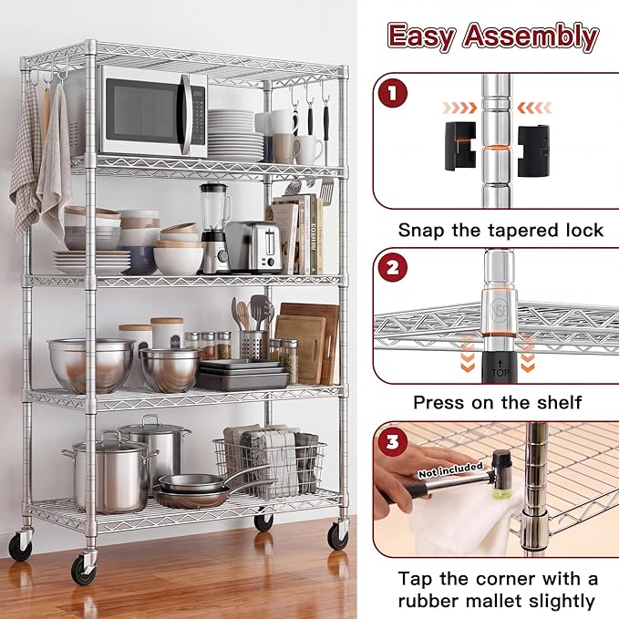 PrimeZone 75" H Wire Shelving 5 Tier Slim Steel Storage Metal Shelves with Wheels,Adjustable Kitchen Utility Shelving Unit,Pantry Rack Rolling Metal Shelf Chrome 24" Wx18 Dx75 H
