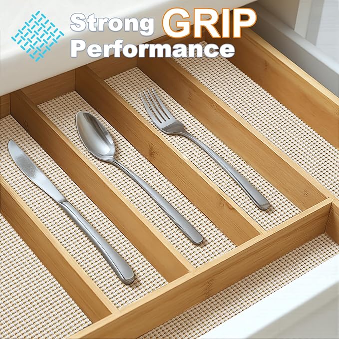 Songrey Non-Adhesive Drawer and Shelf Liner, Non Slip Cabinet Liners, Protect Kitchen Cupboard, Bathroom Drawers, Breathable, Thick Strong Grip mat (20IN x 20FT, Cream)