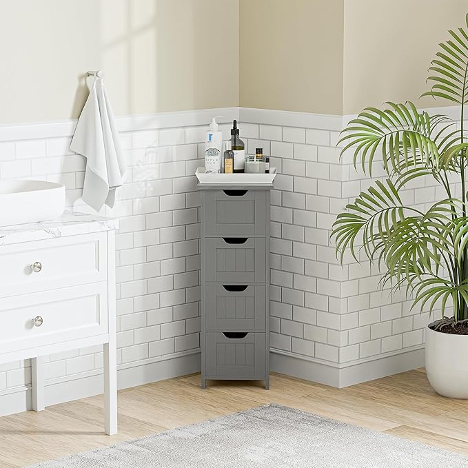 SUPER DEAL Small Bathroom Storage Cabinet with 4 Drawers, Freestanding Narrow Wooden Side Storage Organizer for Bathroom Hallway Living Room, Grey
