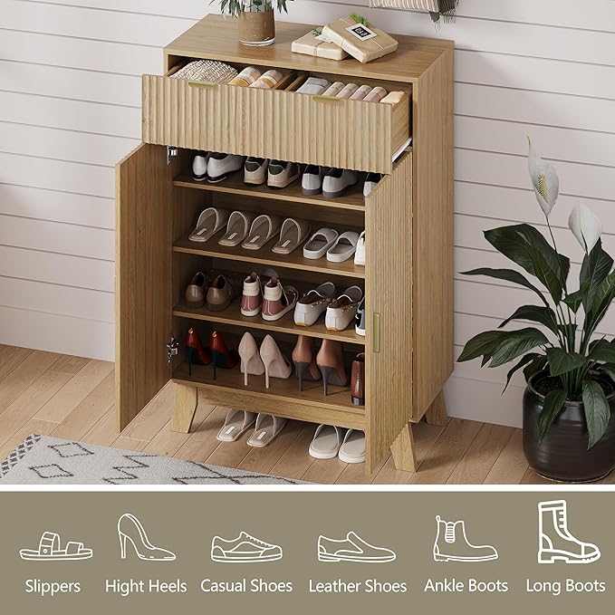 HUANLEGO Shoe Cabinet Storage for Entryway, 4 Tier Fluted Shoe Storage Cabinet with 2 Drawers, Narrow Hidden Shoe Organizer with Adjustable Shelves, Freestanding Shoe Rack for Entryway, Hallway, Oak