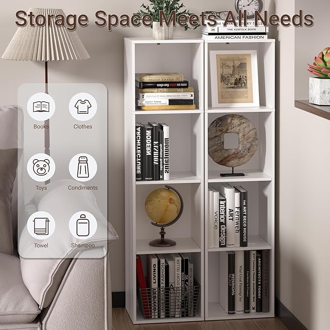 4 Cube Storage Organizer, Cube Shelf, Freestanding 4 Tier Open Shelf Bookcase for Home Office, Bedroom, Living Room, Study, White