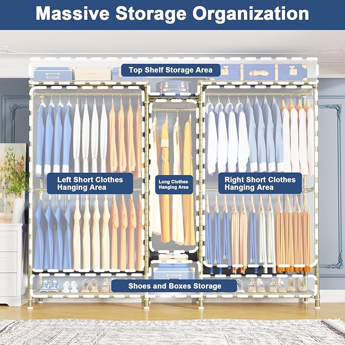 Ulif E12 Pro Clothes Rack，Heavy Duty Freestanding Garment Rack with Shelves，Metal Clothing Closet Storage System for Hanging Clothes，71" W x 16" D x 76.5" H, Hold 960 lbs，Gold