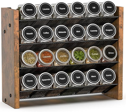 NESAPTO Spice Rack Organizer for Cabinet, Wooden 4 Tier Vertical Seasoning Organizers for Kitchen Pantry, Countertop/Wall Mount, Holds 24 Spice Jars (No Jars Included),12.2" W × 9.4" H
