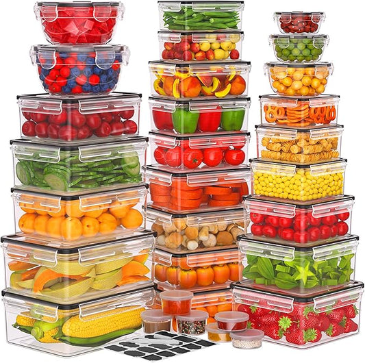 62 PCS Large Food Storage Containers with Lids Airtight (31 Lids &31 Containers) - Leakproof Meal-Prep Containers for Kitchen Storage Reusable Plastic Microwave/Dishwasher Safe with Labels & Pen