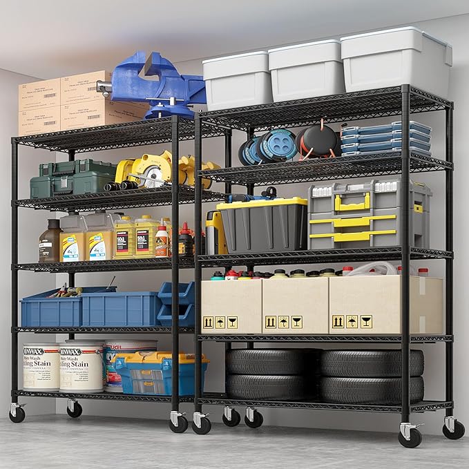 5 Tier Storage Racks Shelving, Heavy Steel Pantry Shelves, Adjustable Wire Shelving Rack with Wheels, Suitable for Garage, Kitchen, Bathroom, Office, 55" W x 24" D x 76" H, Black