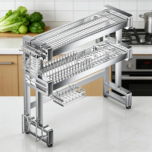 Over The Sink Dish Drying Rack, 3-Tier Stainless Steel Dish Rack, Sink Organizer,for Kitchen Counter.with Hook & Chopsticks Holder,Cutting Board Rack, Adjustable Feet(33.4 * 11.4 * 31in)