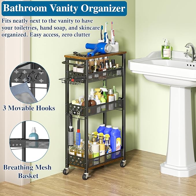 OKZEST Rolling Slim Storage Cart, 4-Tier Narrow Bathroom Organizers and Storage Cart, Metal Narrow Kitchen Laundry Room Organization Shelf with Wood Top, Slim Utility Cart with Wheels for Small Space