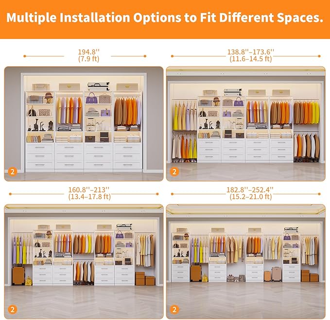 Closet System with 12 Wooden Drawers, 10 Shelves & 6 Hanging Rods, 8–21 ft Adjustable Closet Organizer System, 2800 lbs+ Walk-In Closet System, Modular Custom Closet Kit, White(Set of 4)