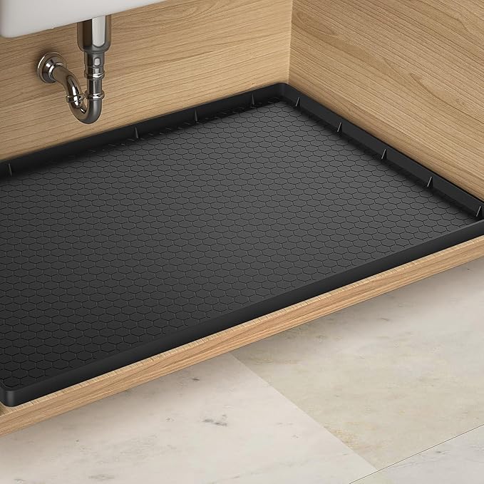 Under Sink Mats for Kitchen Waterproof - 22" x 19" Waterproof Kitchen Cabinet Mat - Flexible Silicone Under Sink Liner - Bathroom Cabinet Mat and Protector for Drips Leaks Spills (Black)