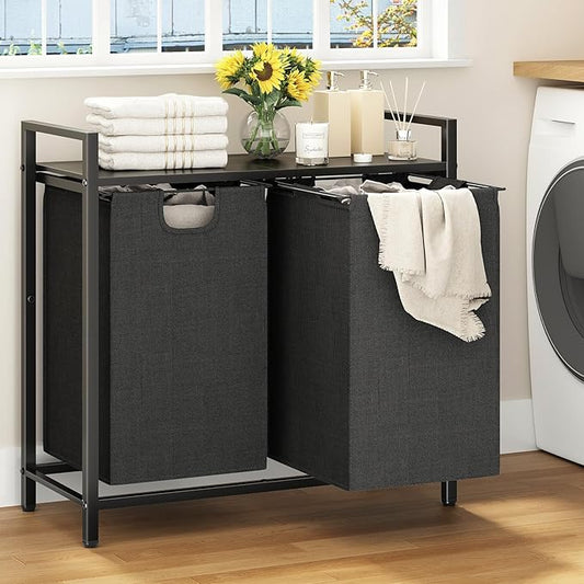 Laundry Basket Organizer, Laundry Hamper with Shelf & 2 Pull-Out Removable Bags, Dirty Clothes Hamper Organizer for Laundry Room Bathroom and Dorm, 2 x 11.8 gallons (44.5L)