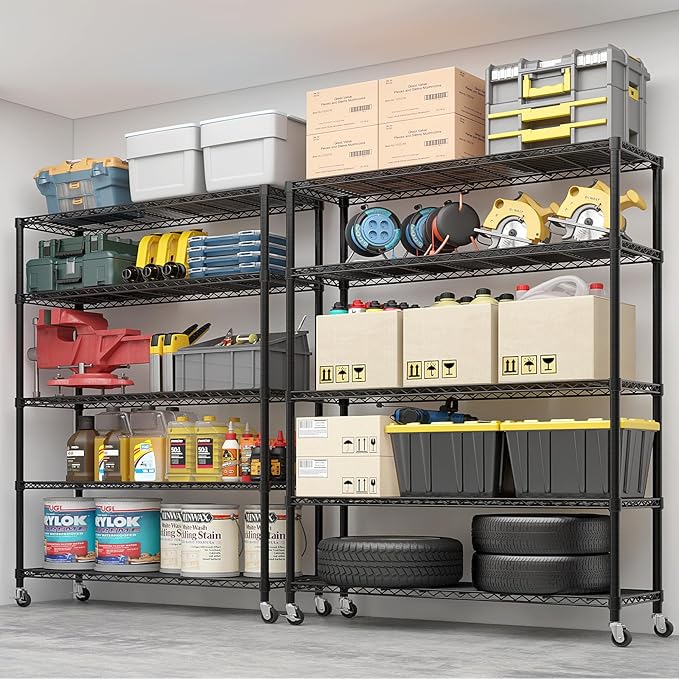 5 Tier Storage Racks Shelving, Heavy Steel Pantry Shelves, Adjustable Wire Shelving Rack with Wheels, Suitable for Garage, Kitchen, Bathroom, Office, 35" W x 14" D x 65" H, Black