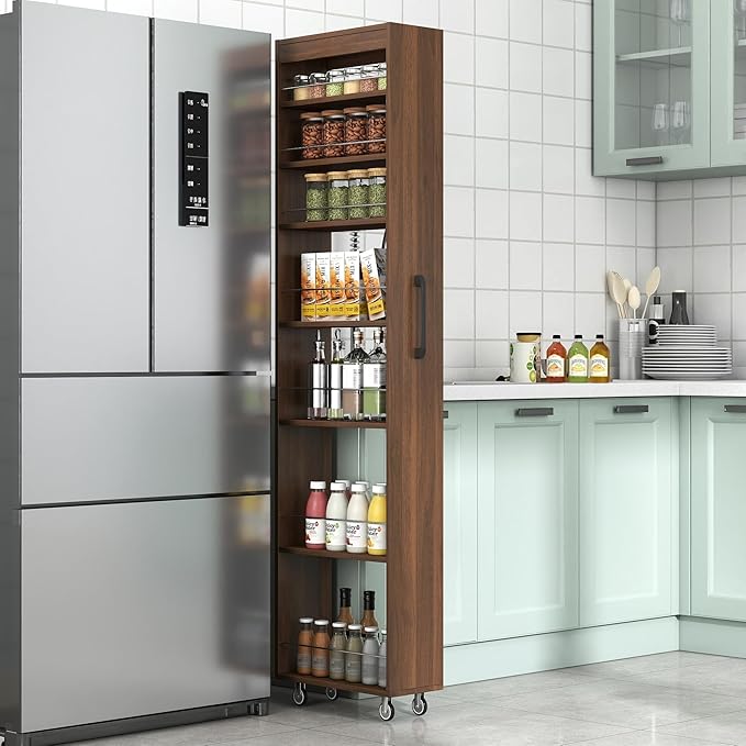 KEIKI 7 Tier Pull-Out Kitchen Pantry Storage Cabinet, Multi-Tier Single-Sided Open Shelf, Spice Rack Next to Fridge, Wood Hutch Food Pantries Cupboard for Coffee Bar, Dining Room, Narrow Spaces