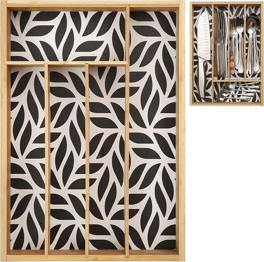 Pristine Bamboo Kitchen Drawer Organizer - Silverware & Utensil Organizer, 5-Slot, Geometric Print