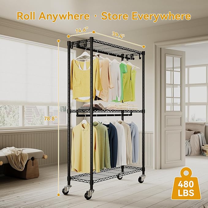 Higeego Heavy Duty Garment Rack with Wheels, H2 Plus Rolling Clothing Rack for Hanging Clothes, Load 480 LBS Portable Closet, Metal Adjustable Shelves & Double Hanging Rods for Bedroom Storage, Black