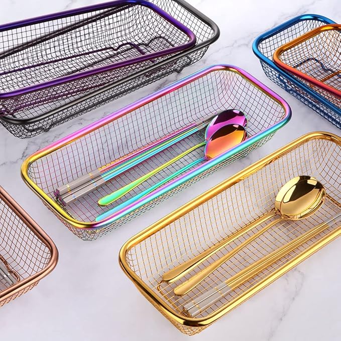 Kitchen Drawer Organizer, Stainless Steel Storage Container Metal Cabinet Storage Basket for Holding Silverware Kitchen Utensil, Pack of 2