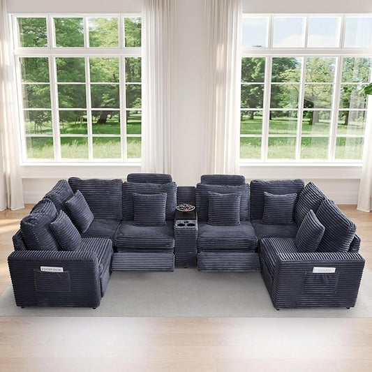 LEVNARY 6-Seat U Shaped Modular Sectional Sofa with Power Recliners, Faux Rabbit Fur Upholstery, Storage Console with Charging Ports & Cup Holders, Living Room Couch Set for Home Office (Gray)
