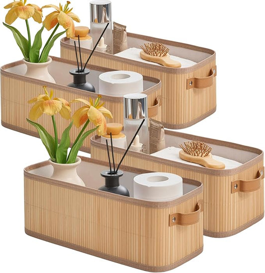 Narrow Storage Bins, Small Basket for Closet and Shelves, Bamboo Toilet Paper Storage Organizer with Handles for Countertop-Bathroom-Home Decor, 4-Pack