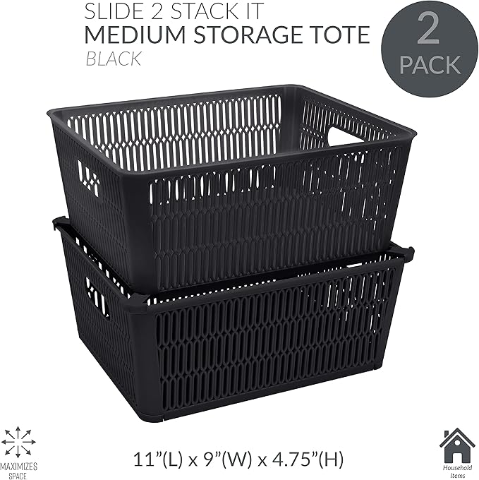 Simplify 4Pk Large Slide 2 Stack It Tote Basket | Storage & Organization | Open Bins with Stackable Capability | Bathroom | Crafts | Pantry | Playroom | Office | Black (KIT-25930-BLK-4PK)