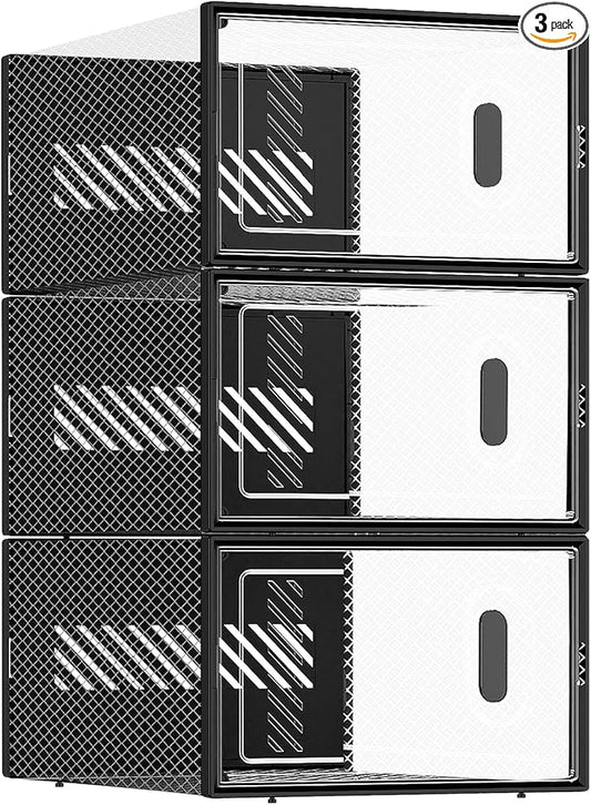 BALEINE 3 Pack Stackable Shoe Storage Boxes Fit Size 9, Thickened Clear Shoe Box Bins with Lids, Plastic Foldable Shoe Rack Organizer Sneaker Storage Containers (Large, Black)