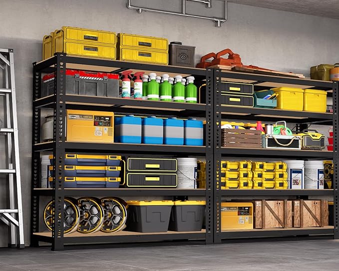71" H x 35.5" W x 16" D 5-Tier Metal Storage Shelves: Heavy Duty Garage Shelving Adjustable Shelves for Storage - Black Utility Rack Shelf for Pantry, Warehouse, Office, Kitchen, 4PCS
