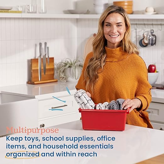 ECR4Kids Scoop Front Storage Bins, Multipurpose Organization, Red, 10-Piece