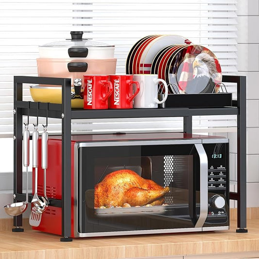 PUSDON Expandable Microwave Oven Rack, 2-Tier Countertop Baker's Rack Style Shelf, Heavy Duty Carbon Steel Stand with 3 Hooks, 160lbs Weight Capacity for Kitchen Organization, Matte Black