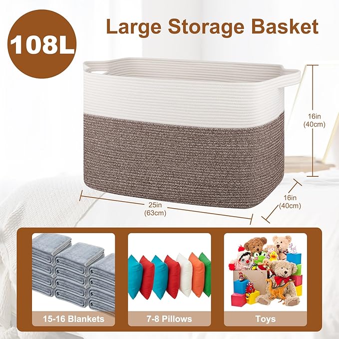 OIASKET XXXL Supre Large Blanket Basket for Clothes, Towels, Pillows, 108L Cotton Rope Storage Basket for Living Room, Supre Large Woven Toy Storage for Kids, 25" x 16" x 16", Dark Brown and White