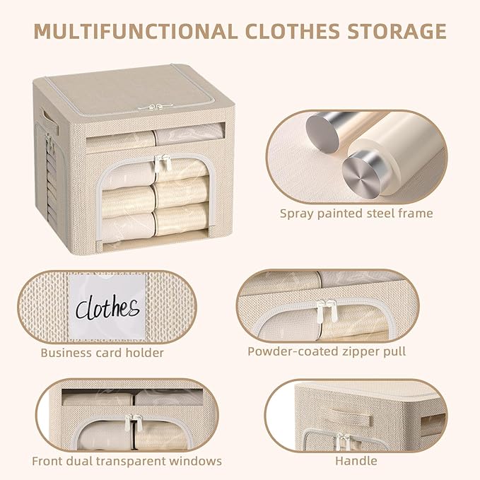 FHSQX 6 Pack Foldable Storage Bins for Clothes Clothes Storage Bins with Metal Frame Stackable Storage Box with Lid (Beige, 19.7x15.7x13.8 inch (70L))