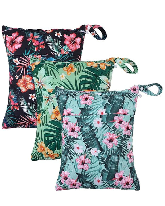 babygoal Wet Bags 3 Pack, Waterproof Travel Dry Bags for Baby Diapers, Beach, Pool, Gym, Swimsuits, Food Storage and Wet Clothes-Hawaii Flower Design