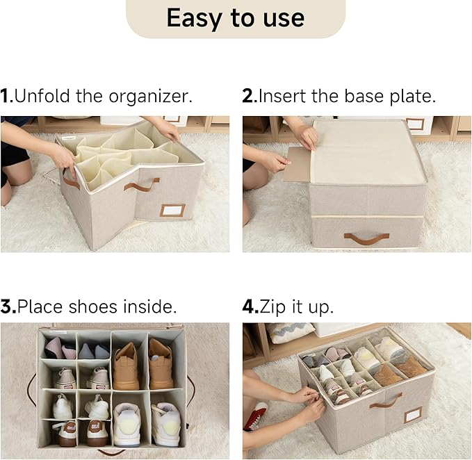 StorageWorks Shoe Organizer for Closet, 2 Pack Shoe Storage Boxes with Clear Lid, Stackable Shoe Storage Organizer for Sandals and Slippers, Fabric Shoe Bins for Closet, Holds 16–32 Pairs, Brown
