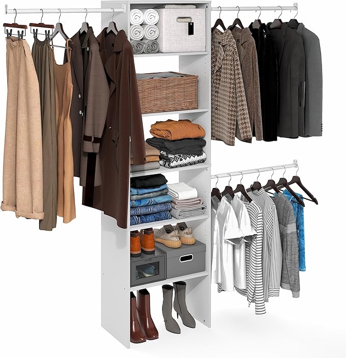 Furinno FANO Closet Organizers and Storage, 5-Tier Wide Closet Storage Organizer with 3 Hanging Bars and Adjustable Shelf, Wardrobe Closet Shelf Tower, 14.8 x 23.6 x 82.1 for Wardrobe, Bedroom, White