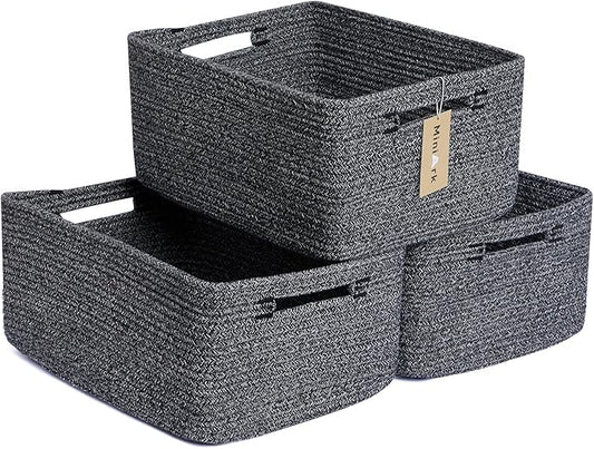 MiniArk Large Storage Baskets for Shelves, Closet Organizers Bins for Clothes Blanket Towels, Baby Nursery, Toy Baskets Box, Woven Rope Baskets, 17 x 13 x 7.5”, 3 Packs Dark Gray
