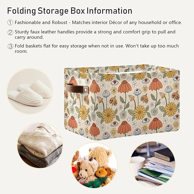 xigua Mushroom Eyes Storage Basket Collapsible Storage Bins Waterproof Canvas Storage Basket with Leather Handles for Home Closets Offices,Bedrooms,Gift Baskets,1PCS