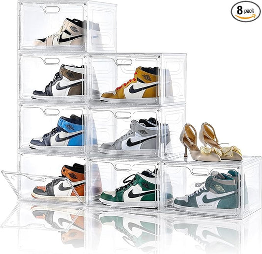 Amllas 8 Pack Shoe Boxes Clear Plastic Stackable, Large Shoe Storage Organizer with Lids,Drop Side Shoe Containers for Entryway,Sneaker Storage Fit up to US Size 13 (13’’x 10.6”x 8.3”)