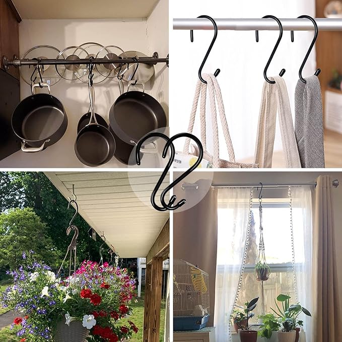 12 Pack 4-1/2 Inch S Hooks, Large Vinyl Coated Closet Hooks Non Slip Heavy Duty for Hanging, Steel Metal Black Rubber Coated for Jeans Plants Clothes Pot Pan Cups Towel