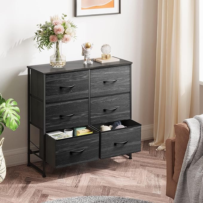 WLIVE Black Dresser for Bedroom, 6 Drawer Dresser, Storage Tower with Fabric Bins, Chest of Drawers for Closet, Living Room, Hallway