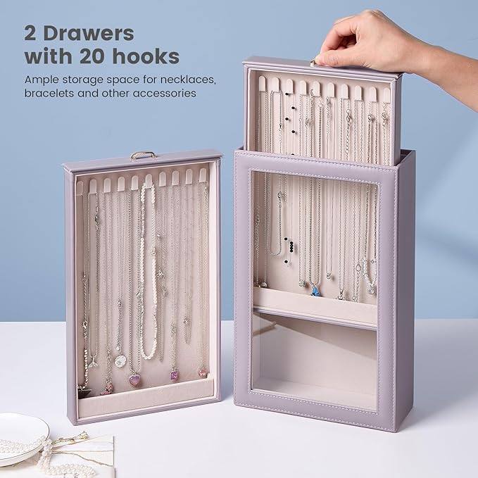 Lolalet Necklace Organizer Box, Jewelry Storage Box with Clear Window for Necklaces Bracelets, Tangle-Free Necklace Display Case for Women Girls, Mothers Day Gift