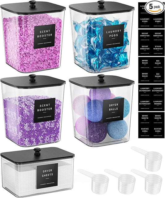Moforoco 5 Pack Laundry Pods Container, Clear Laundry Room Organization Containers,Large Detergent Powder Storage, Black Wooden Lids & Labels, Acrylic Pods Holder