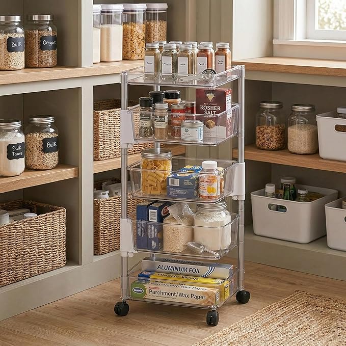 OnDisplay 360° Rotating Clear Storage Trolley – Multi-Tier Rolling Acrylic Utility Cart for Vanity, Craft Room, Pantry, Office & Bathroom – Mobile Multipurpose Organizer Rack for Makeup, Kitchen,