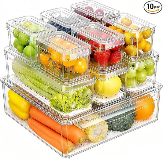 Pure Future 10-Pack Clear Fridge Organizer Containers with Lids, Stackable BPA-Free Refrigerator & Produce Storage Containers with Drain Tray & Anti-Slip Base for Fruits, Veggies & Drinks