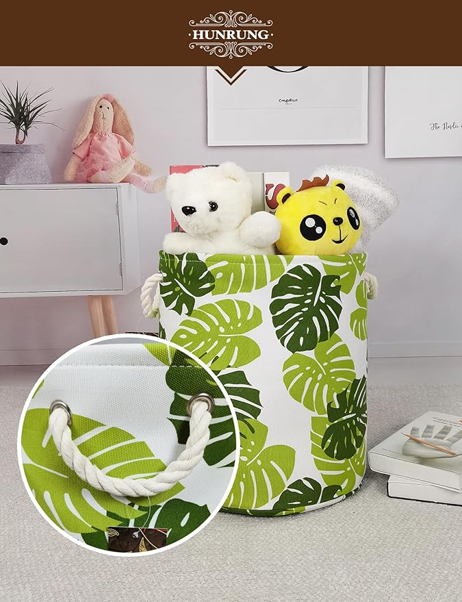 HUNRUNG Collapsible Fabric Storage Basket, Waterproof Laundry Hamper with Handles, Round Storage Bin for Clothes Toys, Foldable Organizer for Bedroom Nursery Bathroom(Round Leaf)