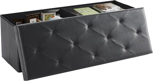 DUMOS 43 Inches Foldable Storage Ottoman Bench, Foot Rest Stool, Synthetic Leather Storage Chest with Thicker Foam Padded Seat for Entryway Living Room, Modern Black