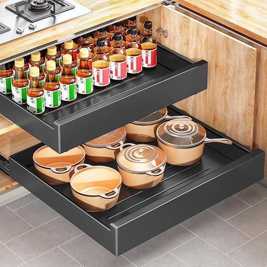 Pull Out Cabinet Organizer with Nano Adhesive, Heavy Duty Full-Extension Slide-Out Drawer for Kitchen Cabinet Organizers and Storage, No Drill Roll out Pantry Shelf, 22.4"W x 16.9"D x 3.1"H , Black