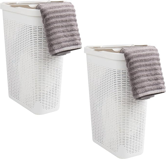 Mind Reader Slim Laundry Hamper with Lid, 40L Clothes Basket, Narrow Tapered Design with Ventilated Cutout Pattern, Plastic, Set of 2, White