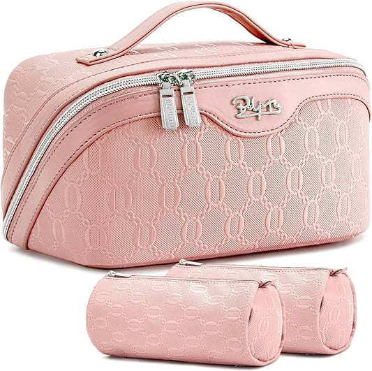 BOYATU Travel Makeup Bag for Women: Cosmetic Organizer Bag with Compartments - Leather Make up Bags Set of 3 (G-3-Pink)