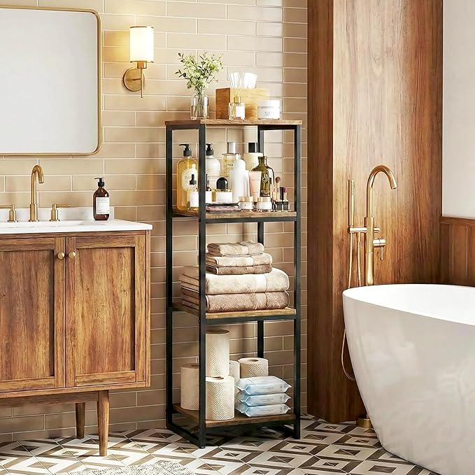 4-Tier Bathroom Shelving Unit, 33.7" H Narrow Open Floor Shelves, Metal Corner Slim Storage Rack for Bathroom Laundry Room Kitchen Living Room, Rustic Brown